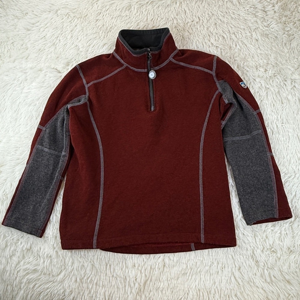 Kuhl Kajmrika Fleece Pullover Kids Small 7-8 Burgundy Gray 1/4 Zip Outdoor‎ Top